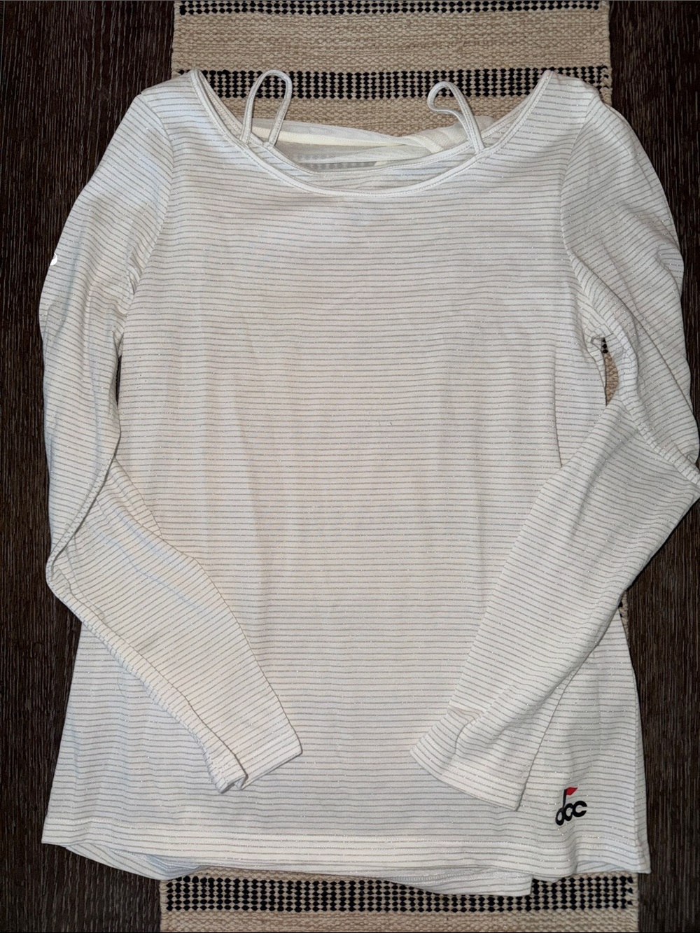 Light Cream Long-Sleeve Women's Top with Subtle Silvery Gold Stripe